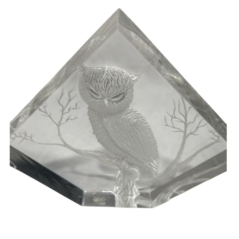 Michael Cox Modern Lucite Sculpture Reverse Hand Carved Paperweight Owl Signed